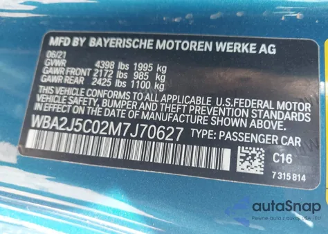 2021 BMW M240I from USA, damaged, VIN WBA2J5C02M7J70627